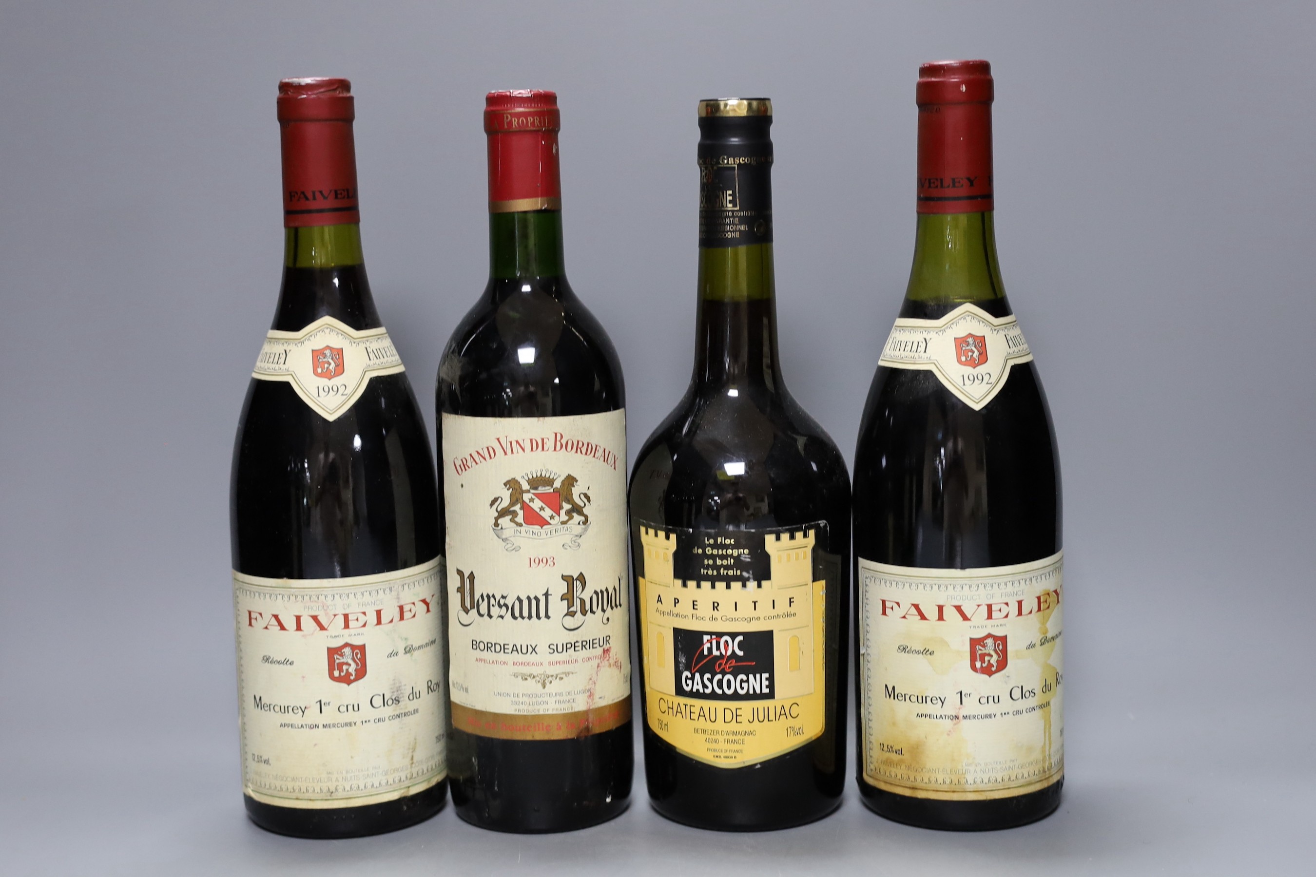 Ten bottles of various wine to include three bottles of 1992 Faiveley Mercurey 1er Cru Clos du Roy, 1985 Chateau Tour du Haut Moulin, 1985 Chateau Ste Michelle, 1993 Versant Royal Grand vin de Bordeaux and others